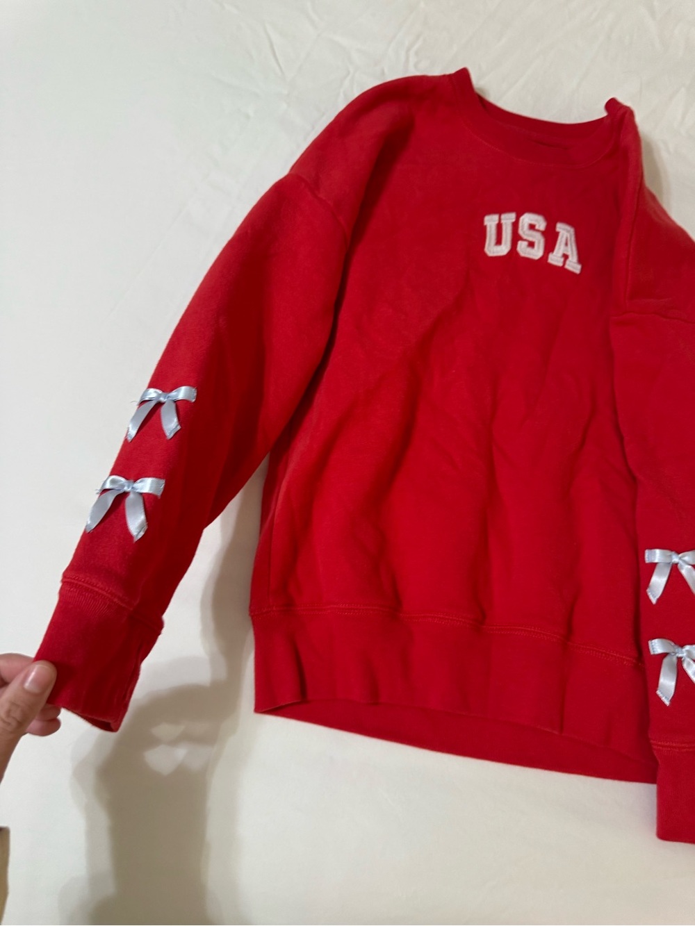 abercrombie kids Red USA Crewneck Sweater with Silver Ribbon Bows